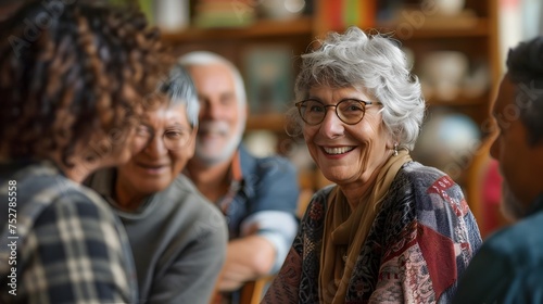 Elderly Woman Smiling with Group at Dining Table, To evoke feelings of happiness, community, and warmth associated with senior living and photo