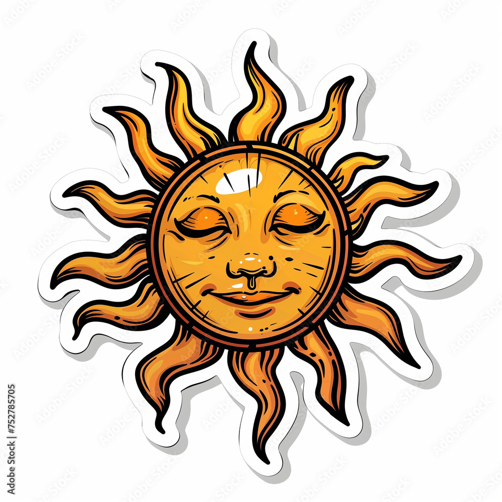 sun with a face,  bright sticker on a white background