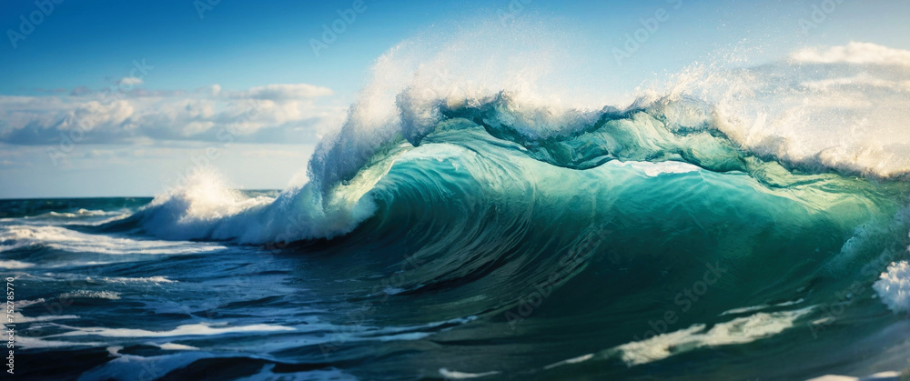 Fototapeta premium Close-up panorama of beautiful waves on the ocean in sunny weather.