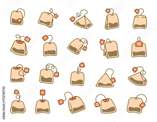 Bag of tea. Breakfast. Hand drawn style. Vector drawing. Collection of design elements.