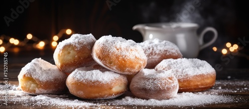 A Delectable Stack of Sweet Doughnuts Covered in Powdered Sugar