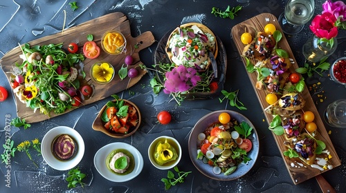 Four Plates of Fresh, Vibrant Food on a Black Table with Flowers, To showcase a colorful, appetizing, and healthy meal, suitable for a variety of