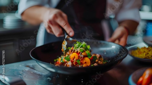 Chef Cooking in Stylish Kitchen with Wok, To showcase the art of cooking and the skills of a professional chef in a stylish and appetizing setting,