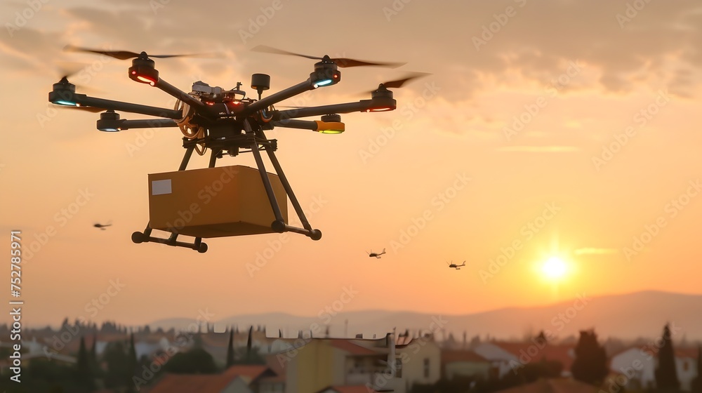 Drones Soaring in Golden Hour Over Country House, To illustrate the versatility and innovation of drones in various industries, including delivery Drones Soaring in Golden Hour Over Country House, To illustrate the versatility and innovation of drones in various industries, including delivery