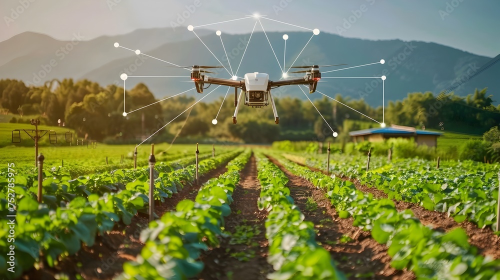 Drone soaring above fields of vegetables in modern agriculture, To ...