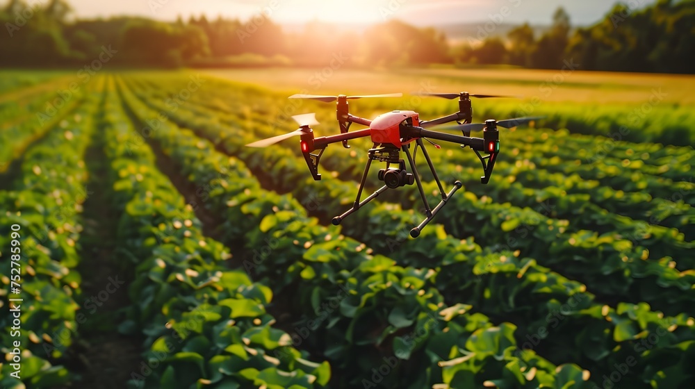 A Drone Hovers Over Crops in a Field, To showcase the use of drones in modern agriculture for sustainable and efficient farming practices A Drone Hovers Over Crops in a Field, To showcase the use of drones in modern agriculture for sustainable and efficient farming practices