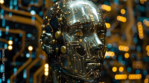 Golden Robot Head Against Electronic Backdrop, To convey a sense of futuristic technology and innovation with a touch of elegance and sophistication photo
