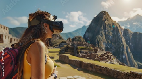 Woman Explores Incan Temple with Virtual Reality Headset, To showcase the unique and innovative ways that virtual reality technology can be used to photo