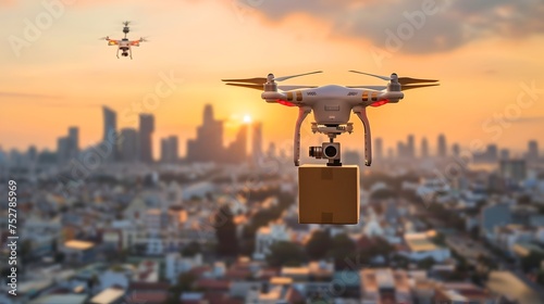 Drone Delivery in a Stylish Cityscape, To showcase the convenience and efficiency of drone delivery in urban environments