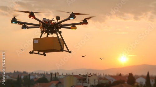 Drones Soaring in Golden Hour Over Country House, To illustrate the versatility and innovation of drones in various industries, including delivery