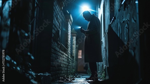 Detective with flashlight investigating a mysterious scene in a dark alley © David