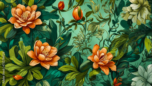 Beautiful fantasy botanical flower wallpaper. printable wall art decoration. Interior. Generative ai.
