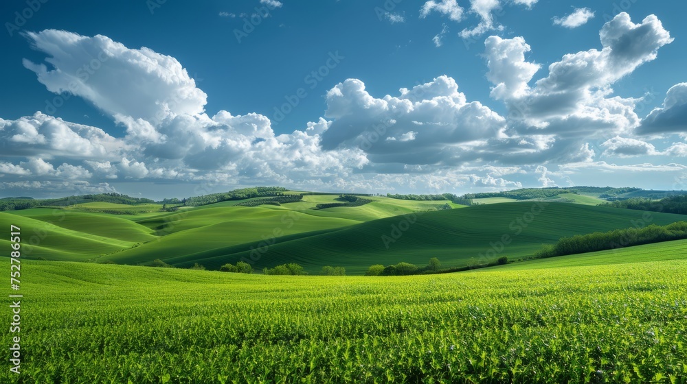 Vivid green fields under a bright blue sky with fluffy clouds, Rolling green hills extending away into the distance under a dramatic cloudy sky