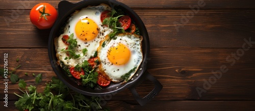 Sizzling Pan of Fresh Eggs and Ripe Tomatoes Resting on a Rustic Wooden Table