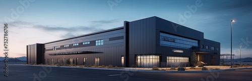 Amidst the urban landscape, a state-of-the-art industrial building emerges, blending functionality with modern aesthetics
