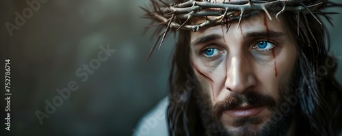 Closeup portrait of Jesus Christ wearing a crown of thorns in photorealistic detail. Concept Religious Art, Closeup Portrait, Photorealistic Detail, Jesus Christ, Crown of Thorns © Ян Заболотний
