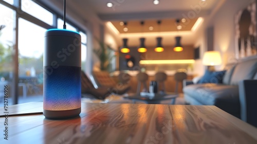 Google Assistant Speaker on Wooden Table, To provide a high-quality, visually appealing image of a modern speaker system for use in home decor or