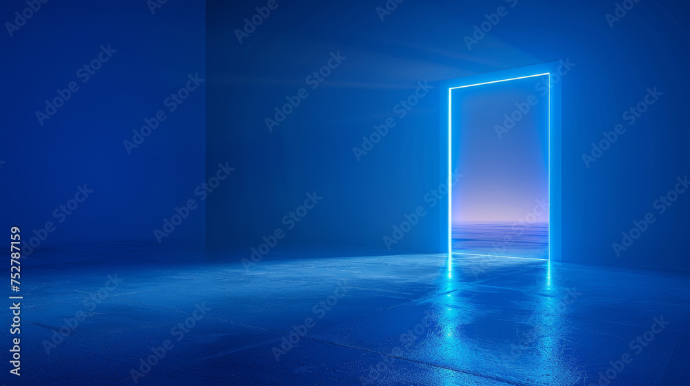 Blue neon light forms a glowing portal in a dark, minimalist space.
