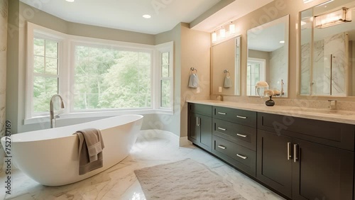 The once cramped and dated bathroom has been reconfigured now featuring a double vanity and a luxurious soaking tub for a spalike retreat. photo