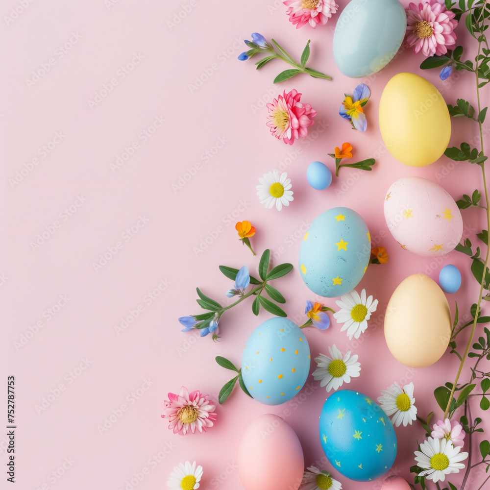 Colorful Easter eggs amidst spring flowers displayed tastefully on a soft pink backdrop, evoking the freshness of spring and new beginnings