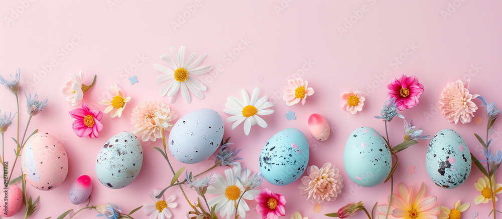 Festive Easter eggs nestled among a variety of spring flowers, displaying the abundance and diversity of nature's springtime rebirth Festive Easter eggs nestled among a variety of spring flowers, displaying the abundance and diversity of nature's springtime rebirth