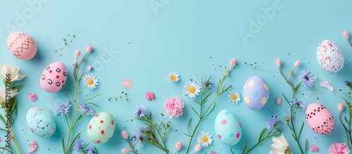 Wide panoramic image with an assortment of hand-decorated Easter eggs among soft spring flowers on a vivid blue background photo