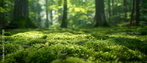 Vibrant green moss covering the forest floor in a sunlit woodland © David