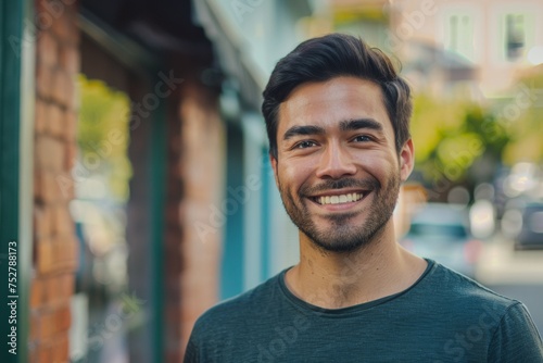 Cheerful Young Man with Dark Hair and Beard - Casual Style, Urban Happiness
