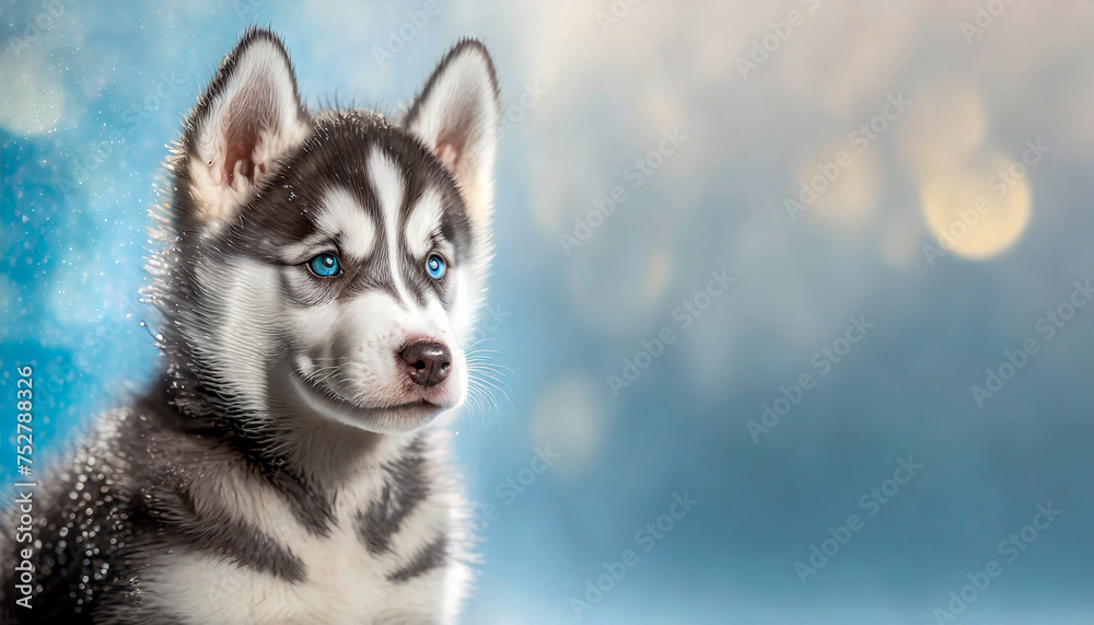 A happy siberian husky puppy dog sitting in the rain outdoors A happy siberian husky puppy dog sitting in the rain outdoors