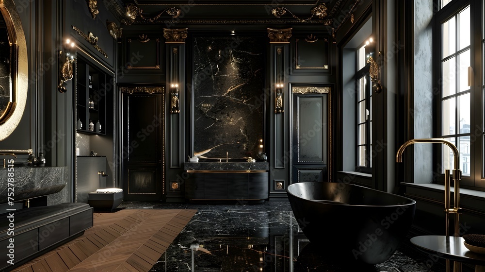 Obraz premium Elegant Black and Gold Luxury Bathroom, To inspire and provide ideas for a luxurious and elegant bathroom design with a dark and spooky theme,