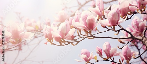 Delicate Pink Blossoms Adorn a Lush Tree Branch in a Tranquil Spring Garden Setting