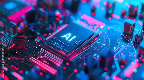 Advanced computer processor chip with AI acceleration in dark digital environment.