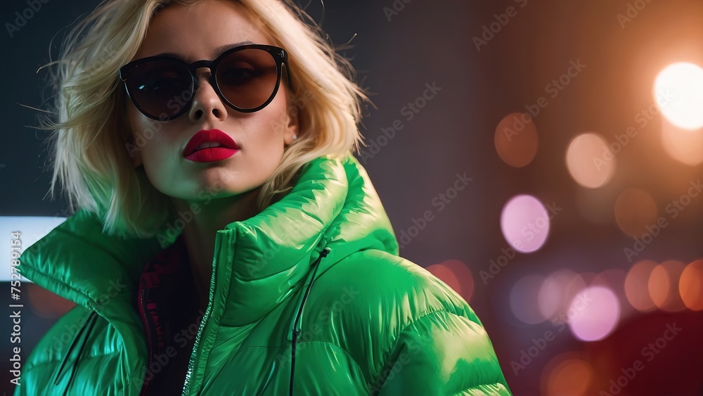 Fashion blonde girl with a green glowing neon puffer jacket and modern glasses