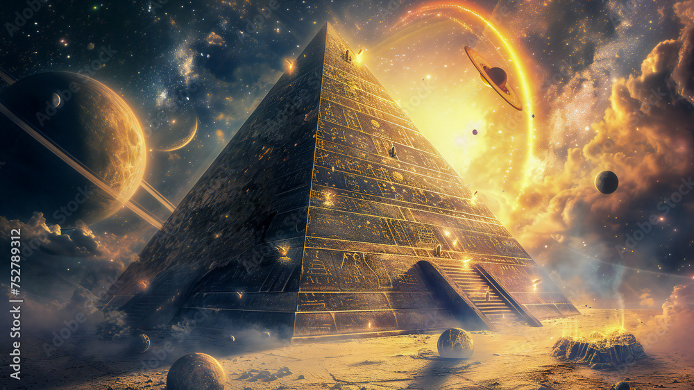A pyramid of wisdom, surrounded by planets. Eternal temple of wisdom, esoteric, hermetic and cabal fantasy concept. - obrazy, fototapety, plakaty 