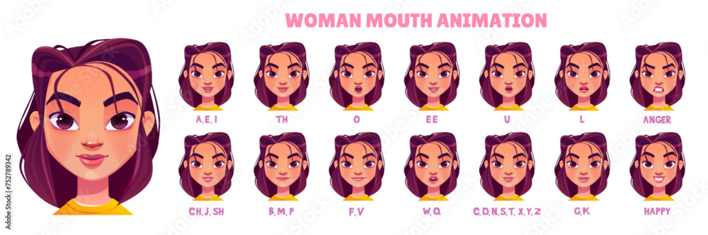 Woman mouth animation kit. Cartoon vector illustration set of young female character face with various positions of lips and tongue during talking and pronunciation of english alphabet for animation.