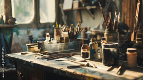 Old used drawing tools on a wooden table in an artist sudio