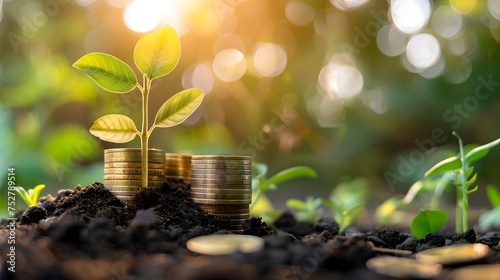 Sustainable Development Money Plant Growing from Coins, To inspire the idea of sustainable development and financial growth through the image of a
