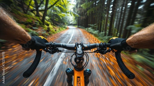 First-person view of cycling on a lush forest trail
