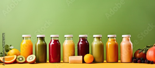Variety of Colorful Juice Bottles Displayed in a Row on a Wooden Shelf