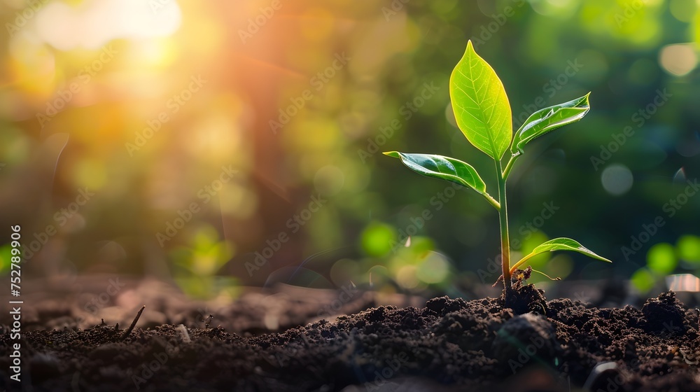 Fototapeta premium Sunlight Shining on a Small Plant Sprouting from Soil, To convey a message of growth, renewal, and environmental awareness