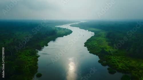 Aerial View of a River in Amazon Rainforest, Nigeria, To showcase the natural beauty and biodiversity of the Amazon rainforest and its rivers in a