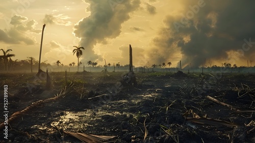Palm Oil Plantation Fire at Sunset in Peru, This image depicts the devastating effects of unsustainable agricultural practices and environmental photo