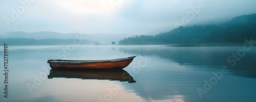 Tranquil Scene: A Boat Gliding on Calm Waters. Concept Nature Photography, Relaxing Landscape, Serene Waters, Peaceful Atmosphere