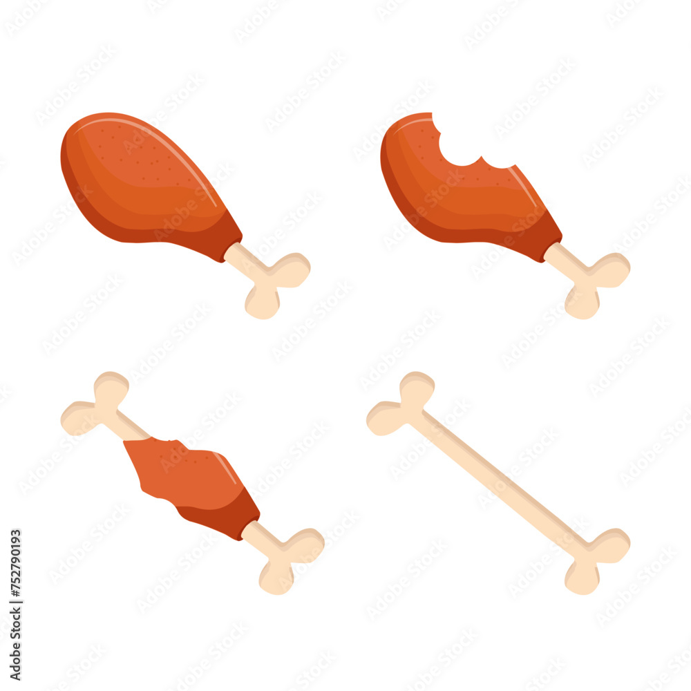Piece of fried chicken leg. Delicious and fatty foods. Bitten meat with bone. Eaten meal. Brown Food debris and scraps. Cartoon flat illustration