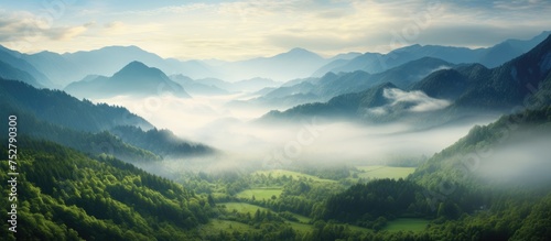 Majestic Mountain Range Embracing a Serene Valley in the Heart of Nature's Beauty photo