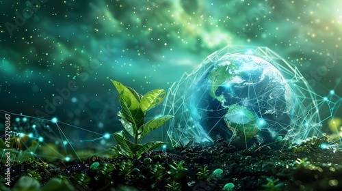 Futuristic Digital Art of Earth with Energy Network and Vegetation, To convey a message of sustainable and eco-friendly technology for the future