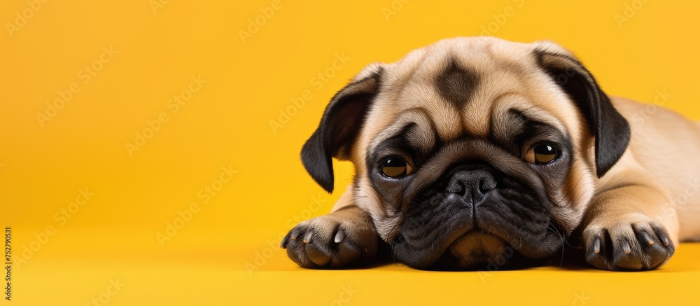 Adorable Pooch Relaxing on a Sunny Yellow Surface with Playful Expressions
