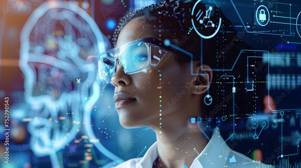 Woman with Glasses Studying Futuristic Technology, To convey a concept of technological innovation, research, and development in a futuristic setting