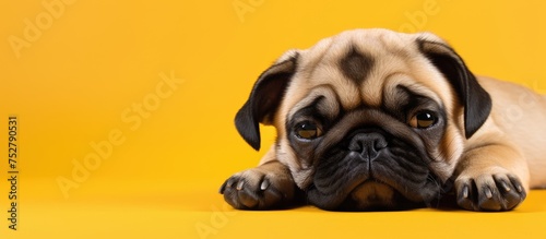 Adorable Pooch Relaxing on a Sunny Yellow Surface with Playful Expressions © Ilgun