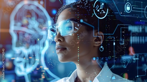 Woman with Glasses Studying Futuristic Technology, To convey a concept of technological innovation, research, and development in a futuristic setting